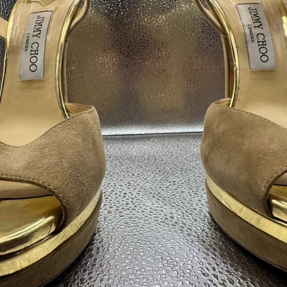 Size‎ - 40 Jimmy Choo Brown Womens Peep Toe Suede Ankle Strap Mules High Heel - Picture 6 of 9